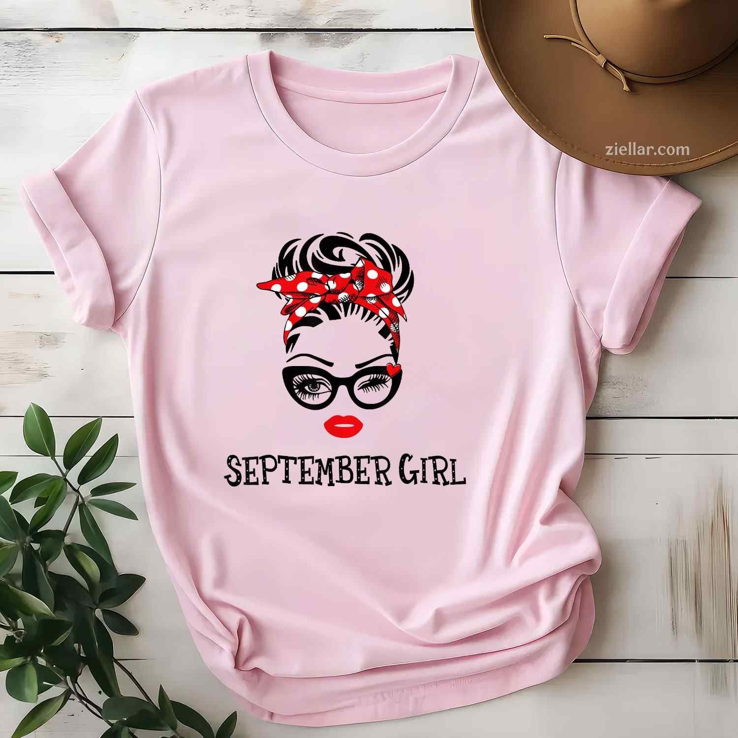 September Girl Women Face Wink Eye Plaid Bandana Birthday T-Shirt Tee