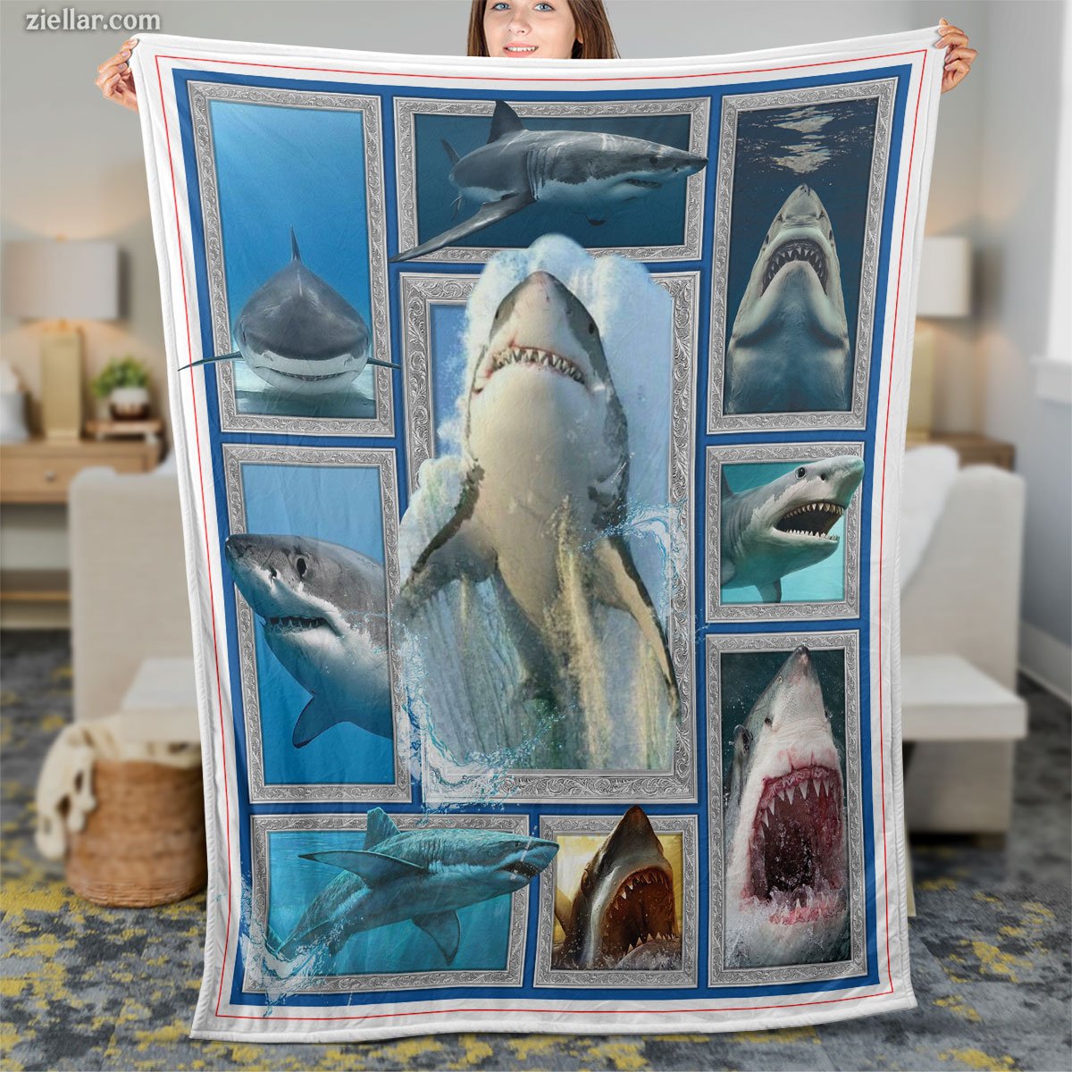 Shark Ocean Quilt Blanket, Fleece Blanket Gift for Marine Life Lover and Shark Enthusiast