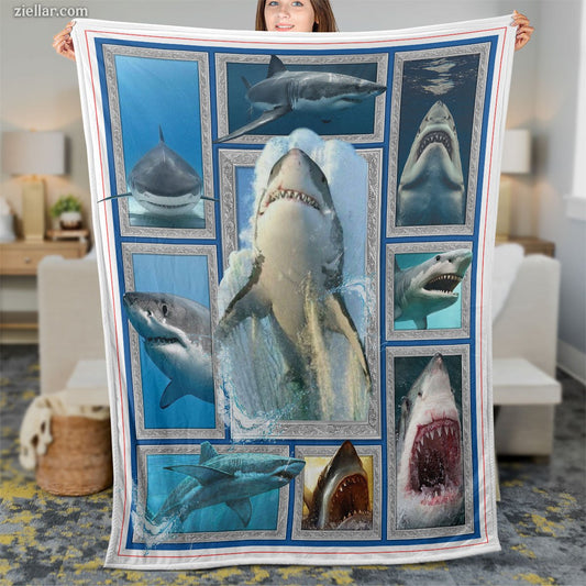 Shark Ocean Quilt Blanket, Fleece Blanket Gift for Marine Life Lover and Shark Enthusiast