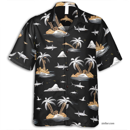 Shark and Island Hawaiian Shirt Tee, Unique Summer Aloha Shirt Adults