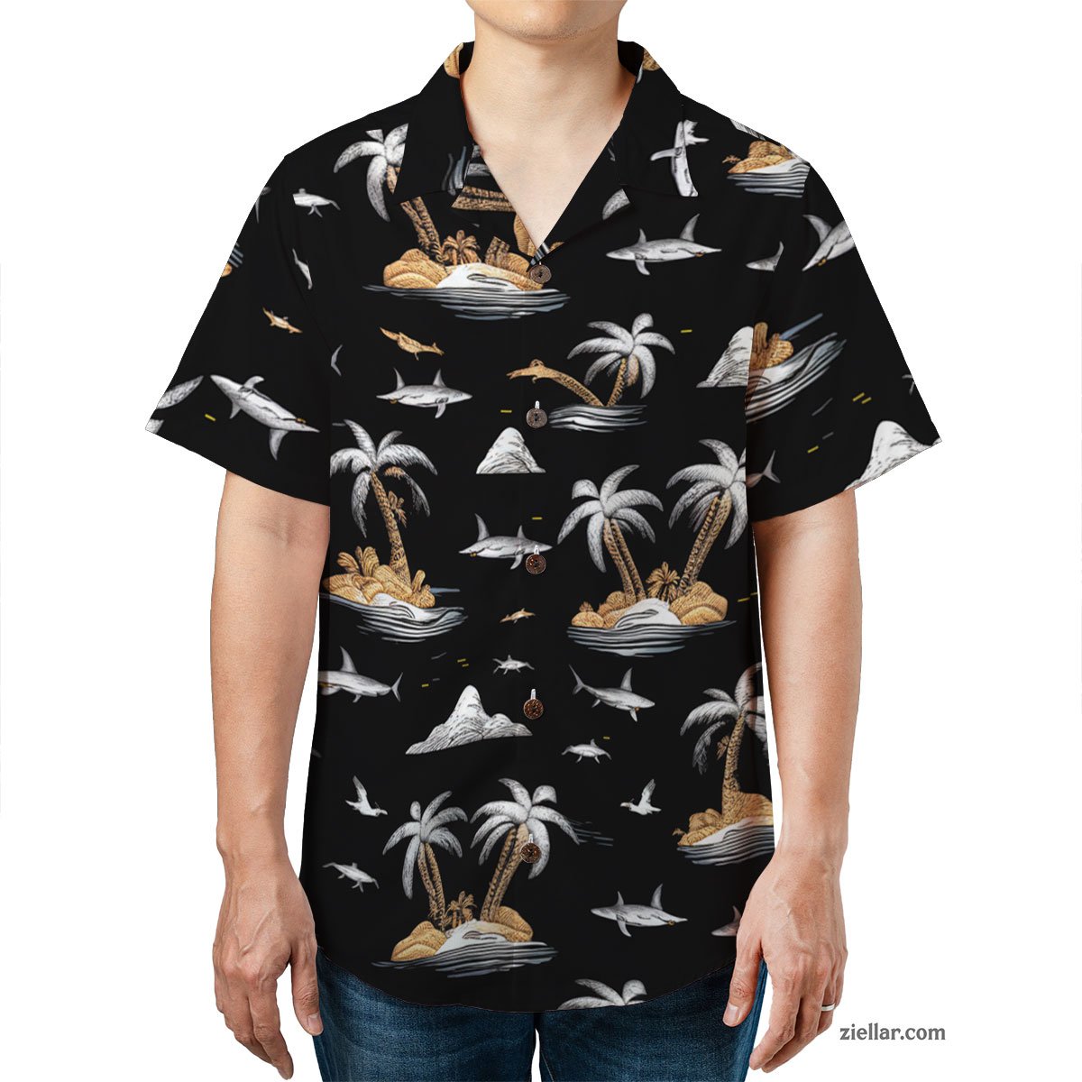 Shark and Island Hawaiian Shirt Tee, Unique Summer Aloha Shirt Adults