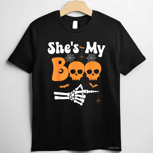 She’s My Boo Skeleton Couples Matching Couple Halloween Tee, Halloween T-Shirt for Men Women Adults Unisex, Vintage Retro Graphic, Funny Novelty Gift