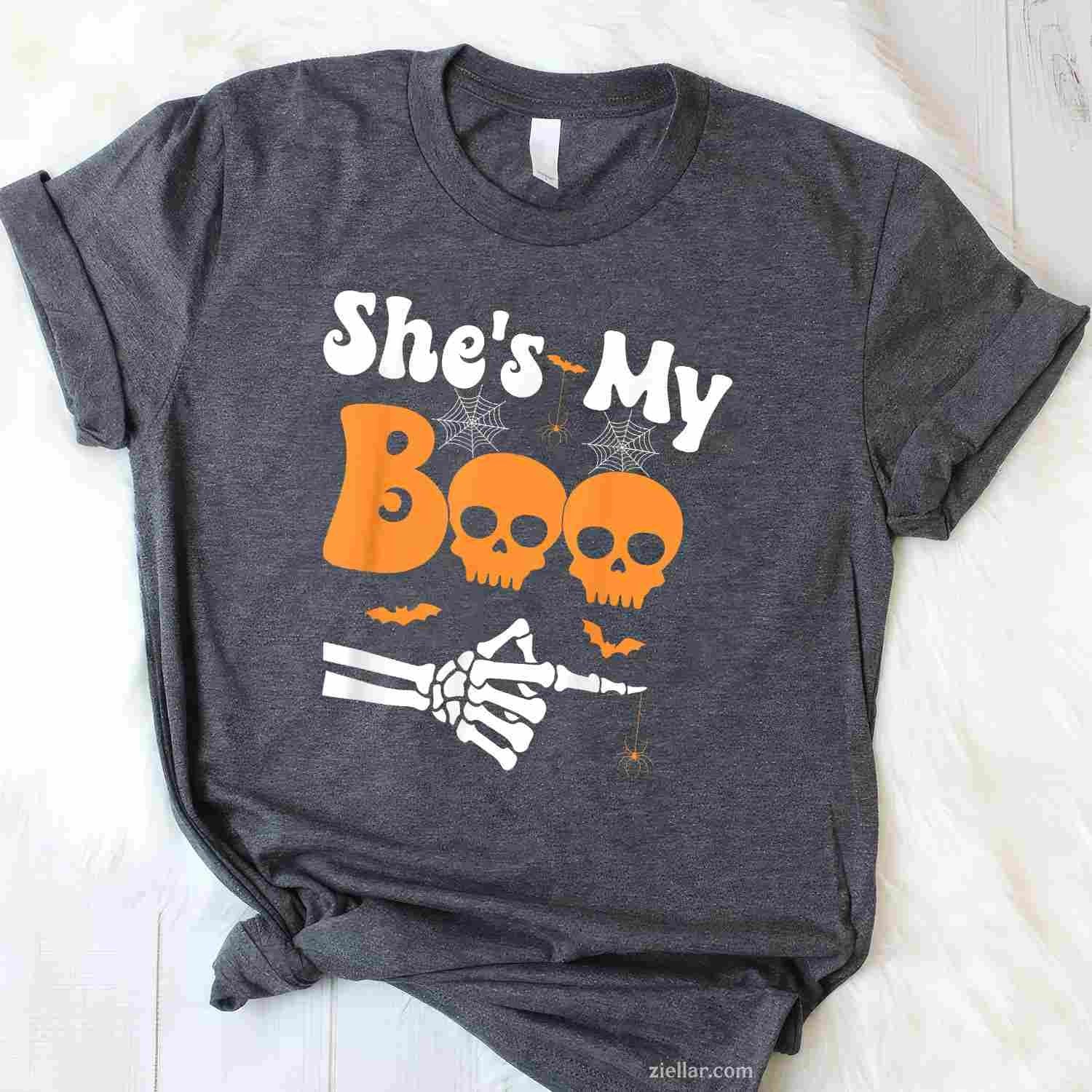 She’s My Boo Skeleton Couples Matching Couple Halloween Tee, Halloween T-Shirt for Men Women Adults Unisex, Vintage Retro Graphic, Funny Novelty Gift
