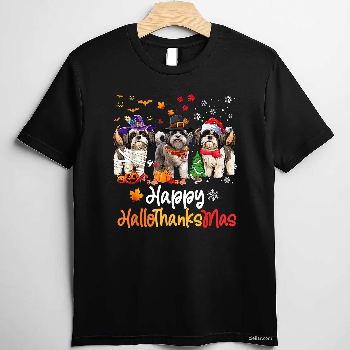 Shih Tzu Dog Halloween Christmas Happy Hallothanksmas Men Women Kids Funny Graphic Tee and T-Shirt Gift for Adults Men Women Unisex
