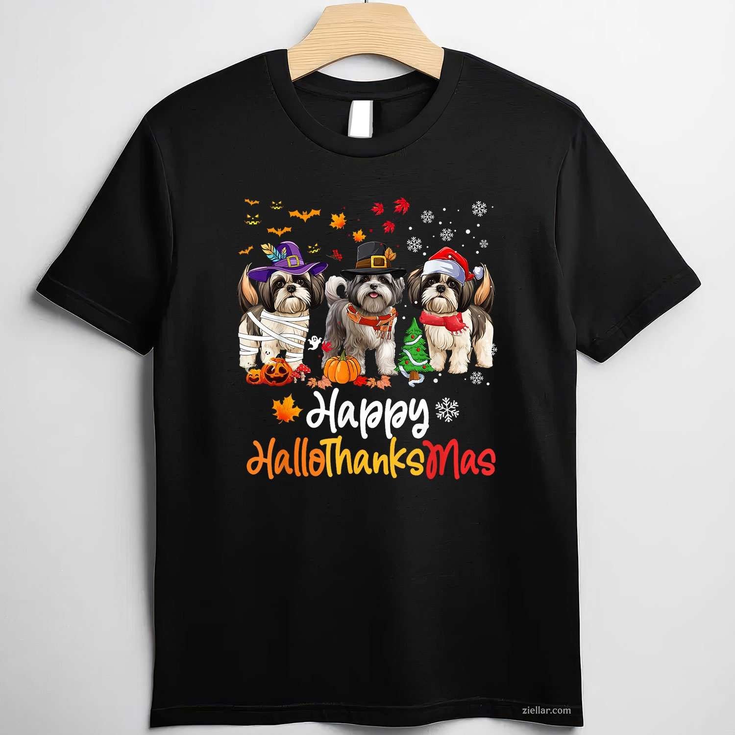 Shih Tzu Dog Halloween Christmas Happy Hallothanksmas Men Women Kids Funny Graphic Tee and T-Shirt Gift for Adults Men Women Unisex
