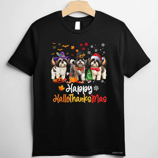 Shih Tzu Dog Halloween Christmas Happy Hallothanksmas Men Women Kids Funny Graphic Tee and T-Shirt Gift for Adults Men Women Unisex