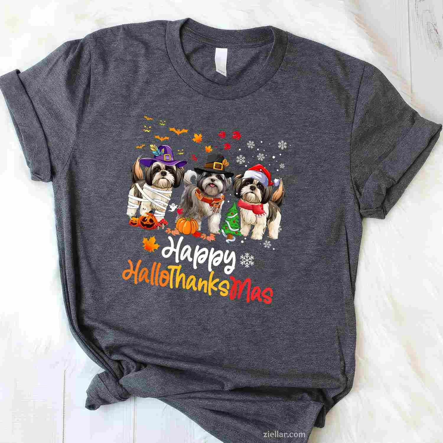 Shih Tzu Dog Halloween Christmas Happy Hallothanksmas Men Women Kids Funny Graphic Tee and T-Shirt Gift for Adults Men Women Unisex