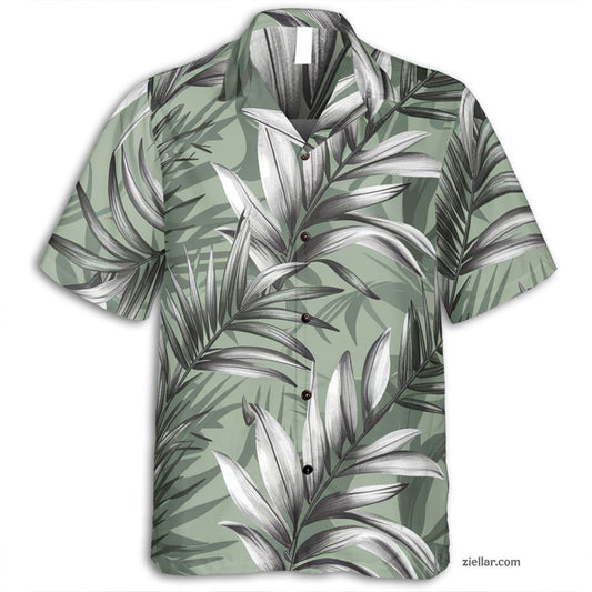 Short Sleeve Green Palm Hawaiian Shirt Tee, Tropical Beachwear for Adults
