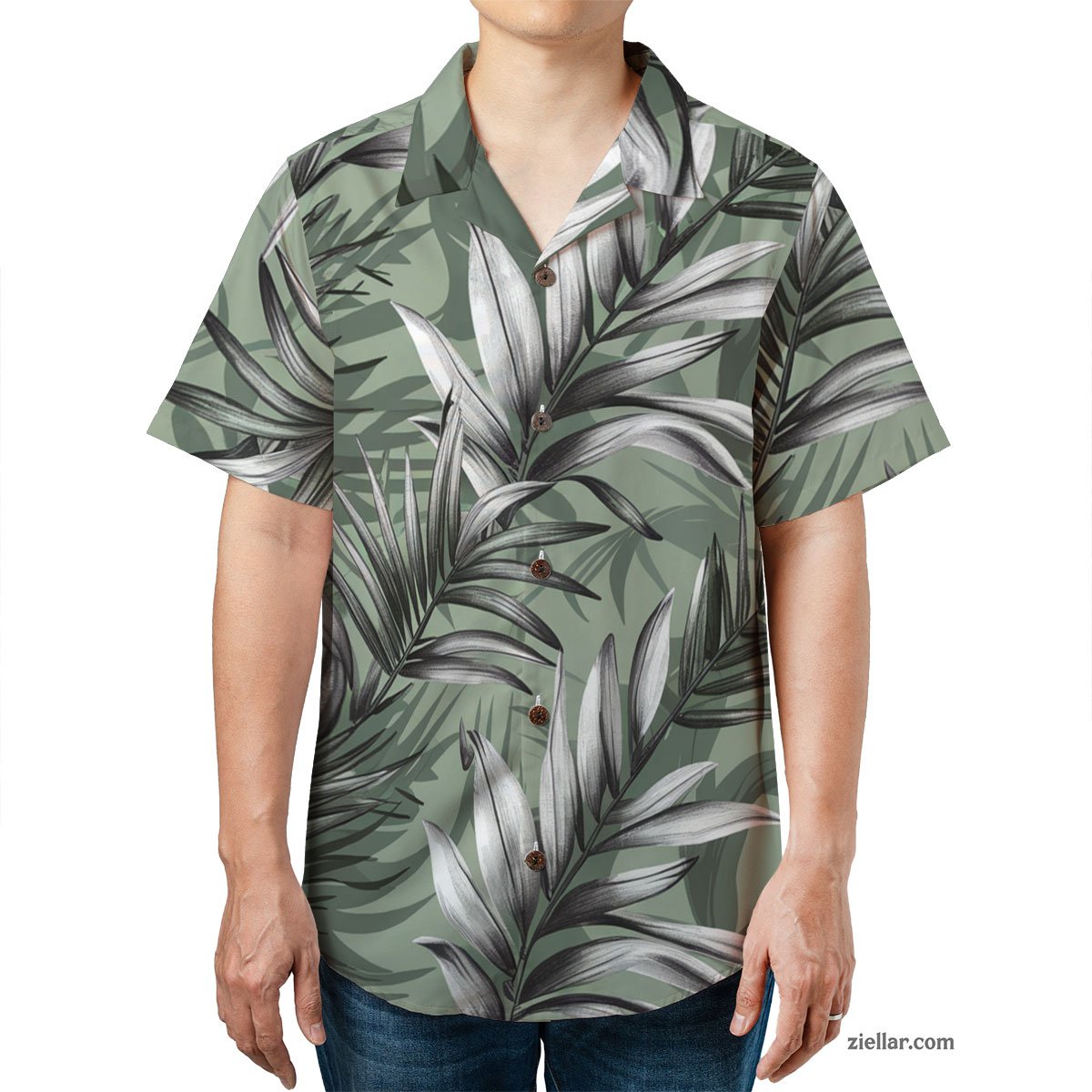 Short Sleeve Green Palm Hawaiian Shirt Tee, Tropical Beachwear for Adults
