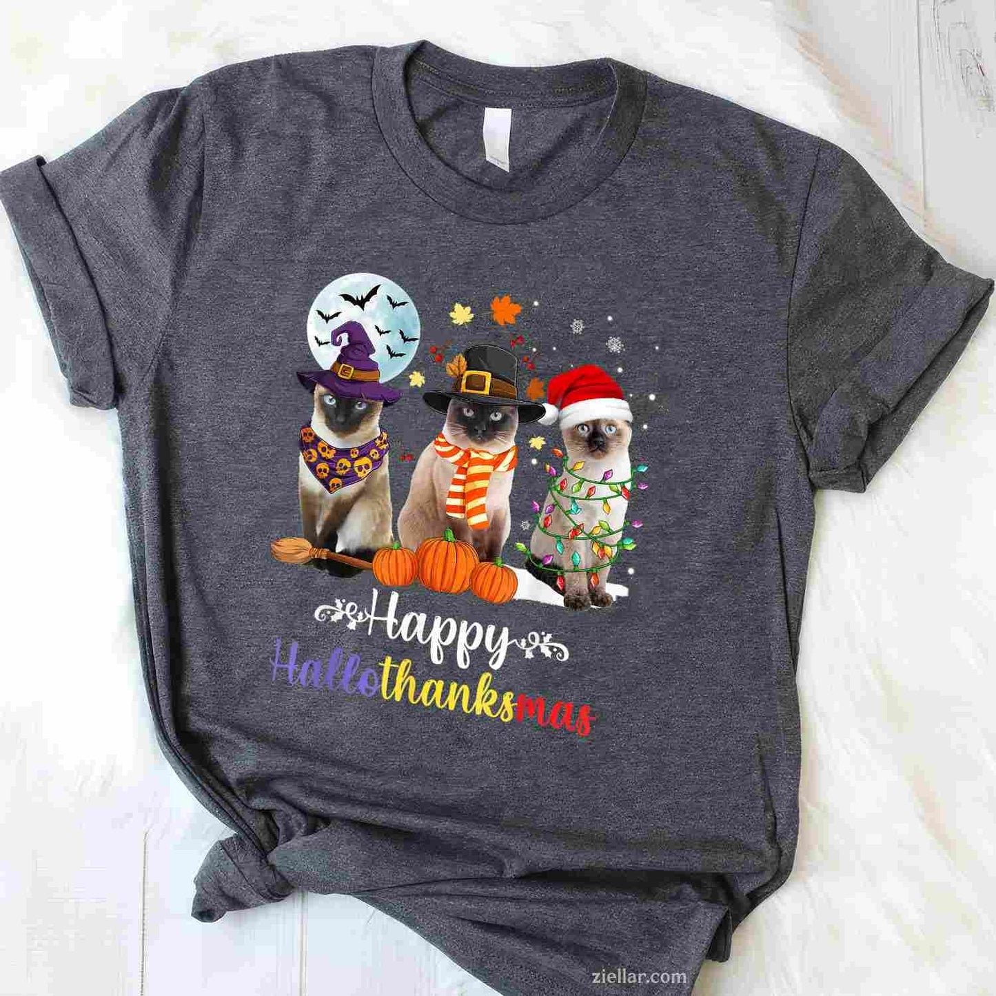 Siamese Cat Halloween Merry Christmas Happy Hallothanksmas Men Women Tee, Halloween T-Shirt for Men Women Adults Unisex, Aesthetic Streetwear Top, Soft Cotton Premium Print