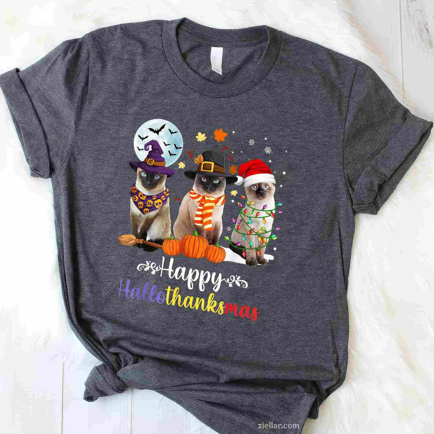 Siamese Cat Halloween Merry Christmas Happy Hallothanksmas Men Women Tee, Halloween T-Shirt for Men Women Adults Unisex, Aesthetic Streetwear Top, Soft Cotton Premium Print