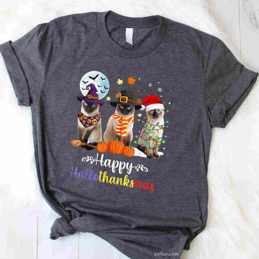 Siamese Cat Halloween Merry Christmas Happy Hallothanksmas Men Women Tee, Halloween T-Shirt for Men Women Adults Unisex, Aesthetic Streetwear Top, Soft Cotton Premium Print