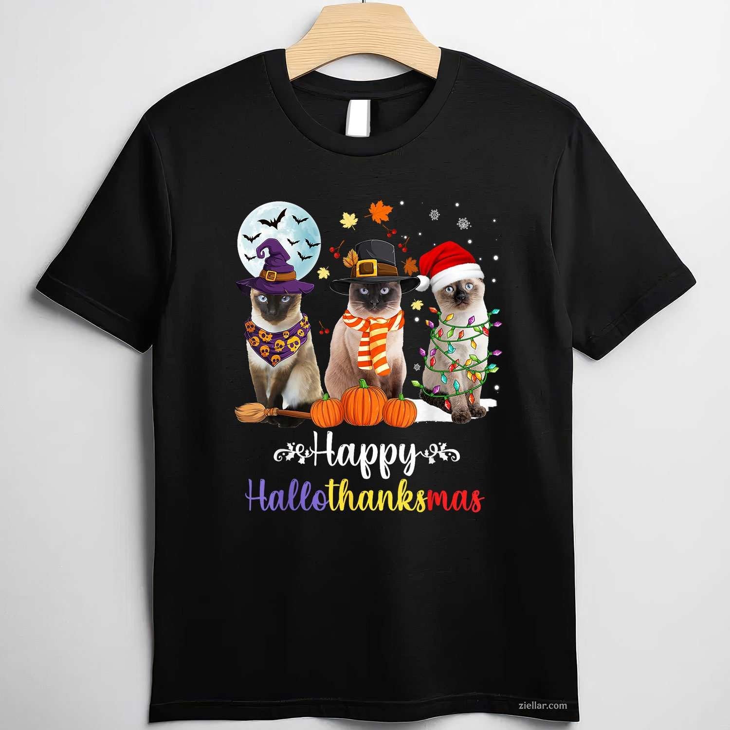 Siamese Cat Halloween Merry Christmas Happy Hallothanksmas Men Women Tee, Halloween T-Shirt for Men Women Adults Unisex, Aesthetic Streetwear Top, Soft Cotton Premium Print