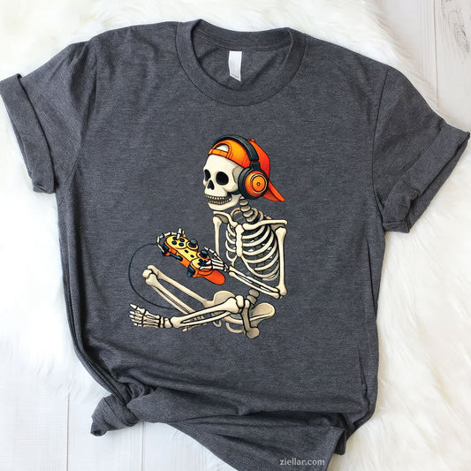 Skeleton Gamer Halloween Tee and T-Shirt, Video Game Theme Spooky T-Shirt for Adults