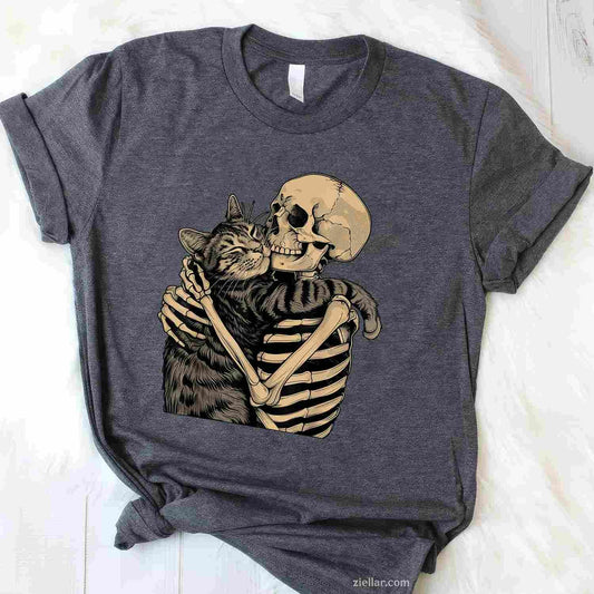Skeleton Hugging Cat Halloween Cat Lover Cat Mom Dad Tee, Halloween T-Shirt for Men Women Adults Unisex, Aesthetic Streetwear Top, Soft Cotton Premium Print