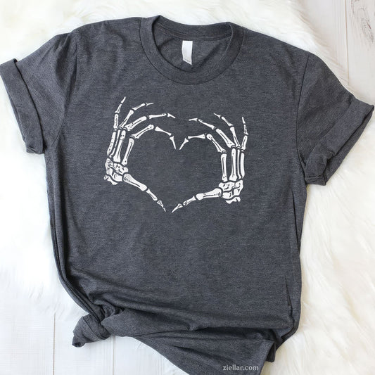 Skeleton Hands Heart Sign Tee and T-Shirt, Retro Halloween Costume T-Shirt for Women Adults