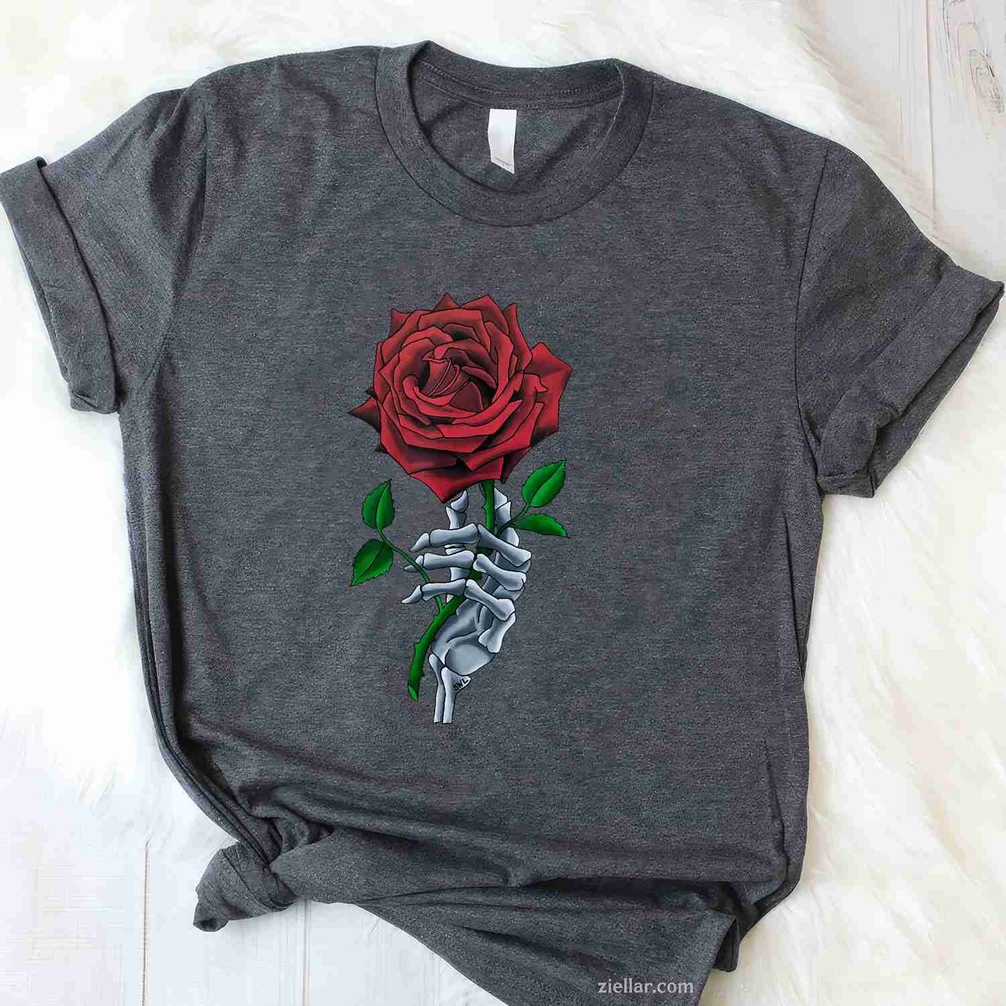 Skeleton Hand Holding Stem Flower Graphic Design Red Rose Tee, Skeleton T-Shirt for Men Women Adults Unisex, Trendy Graphic Apparel, Unique Gift Idea
