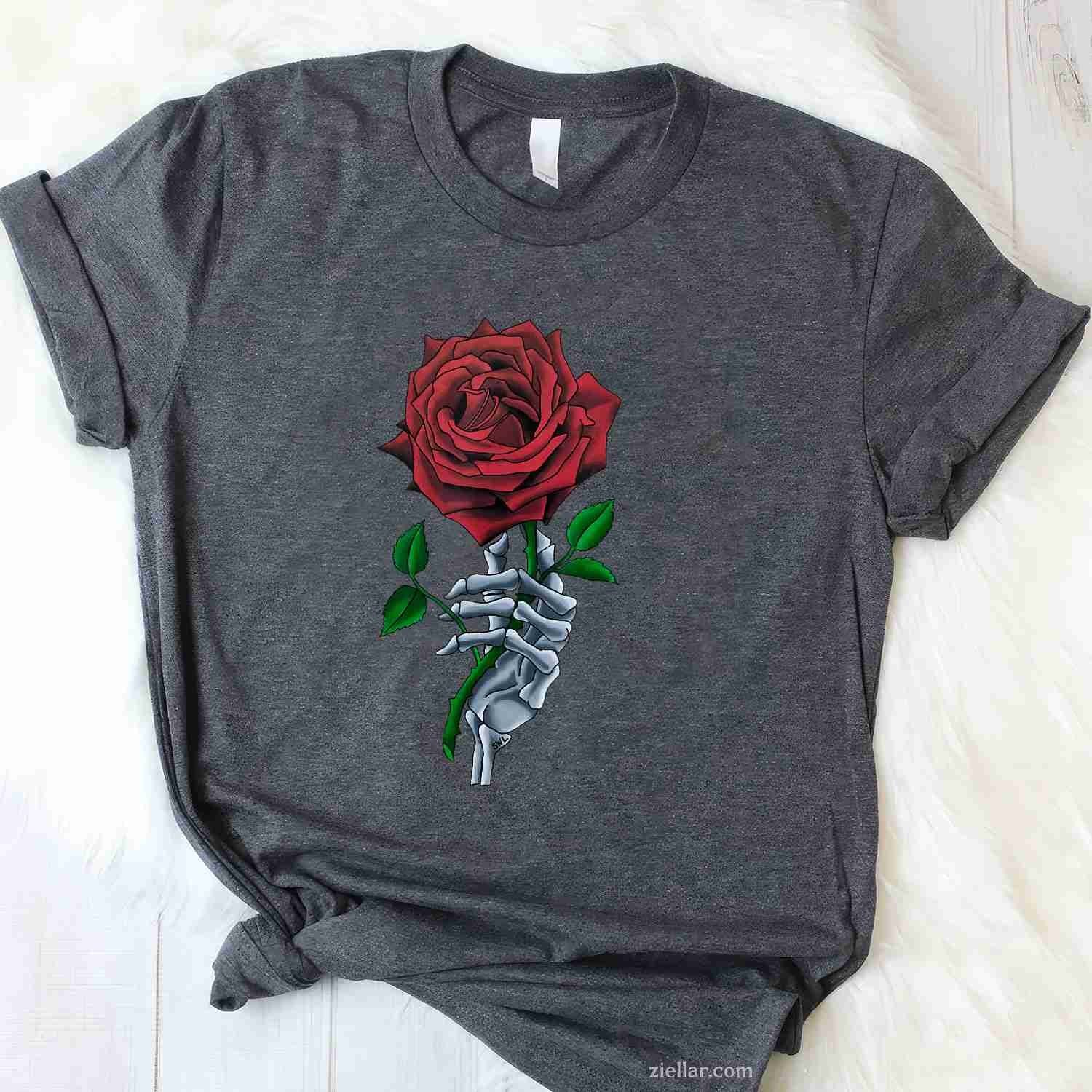 Skeleton Hand Holding Stem Flower Graphic Design Red Rose Tee, Skeleton T-Shirt for Men Women Adults Unisex, Trendy Graphic Apparel, Unique Gift Idea