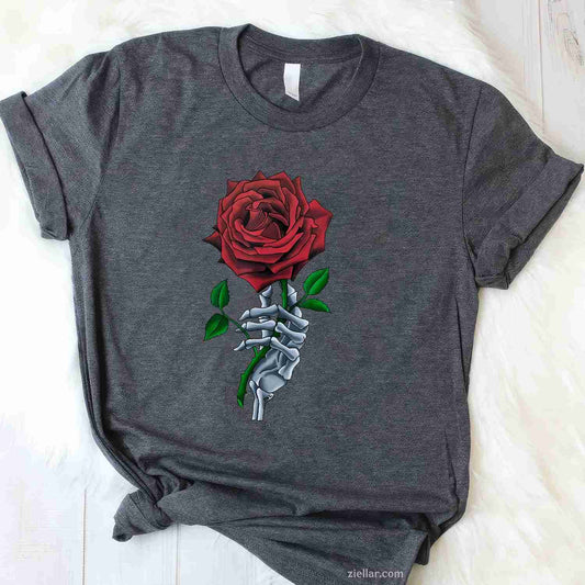 Skeleton Hand Holding Stem Flower Graphic Design Red Rose Tee, Skeleton T-Shirt for Men Women Adults Unisex, Trendy Graphic Apparel, Unique Gift Idea