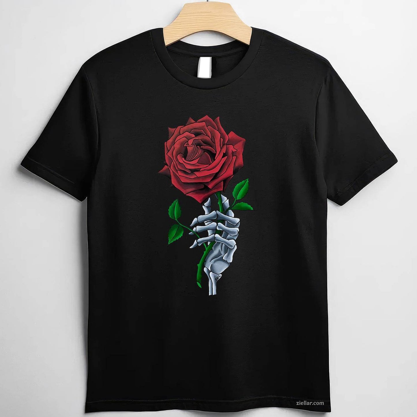 Skeleton Hand Holding Stem Flower Graphic Design Red Rose Tee, Skeleton T-Shirt for Men Women Adults Unisex, Trendy Graphic Apparel, Unique Gift Idea