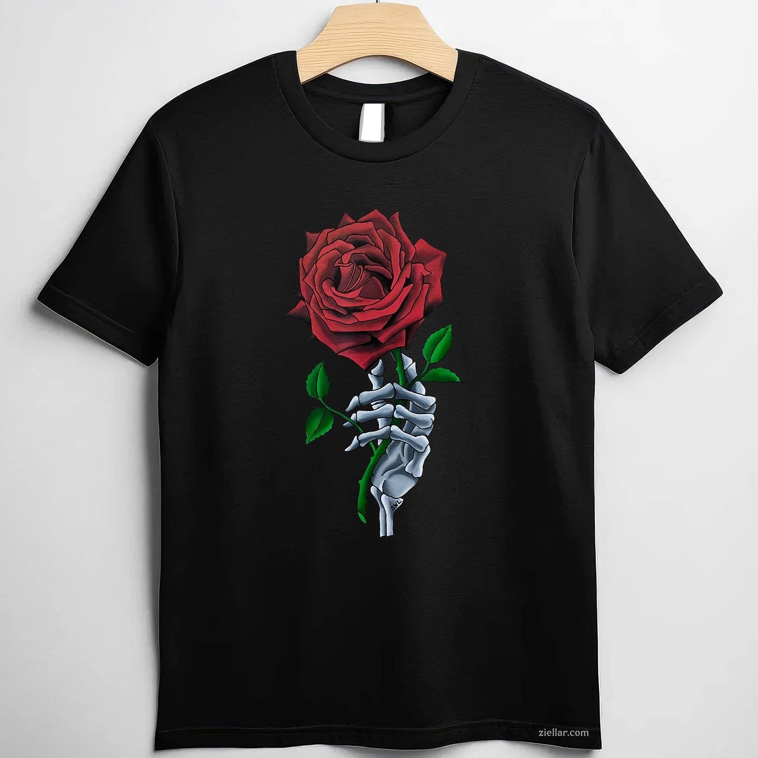 Skeleton Hand Holding Stem Flower Graphic Design Red Rose Tee, Skeleton T-Shirt for Men Women Adults Unisex, Trendy Graphic Apparel, Unique Gift Idea