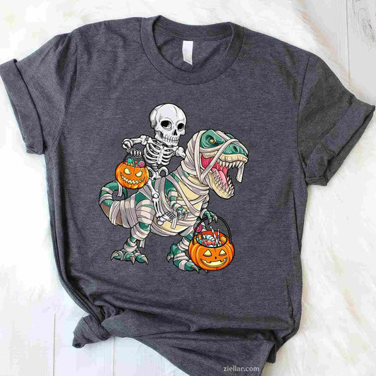 Skeleton Riding Mummy Dinosaur T rex Halloween Funny Pumpkin Tee, Halloween T-Shirt for Men Women Adults Unisex, Trendy Graphic Apparel, Unique Gift Idea