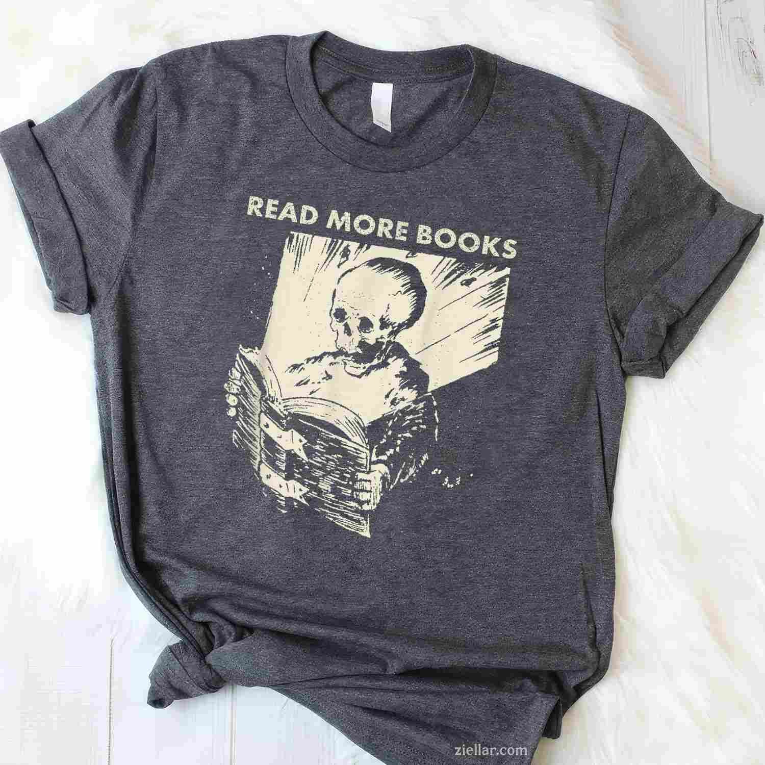Skeleton Read More Books T-Shirt, Vintage Graphic Tee For Bookworm, Librarian, Bibliophile