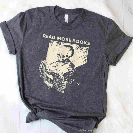 Skeleton Read More Books T-Shirt, Vintage Graphic Tee For Bookworm, Librarian, Bibliophile