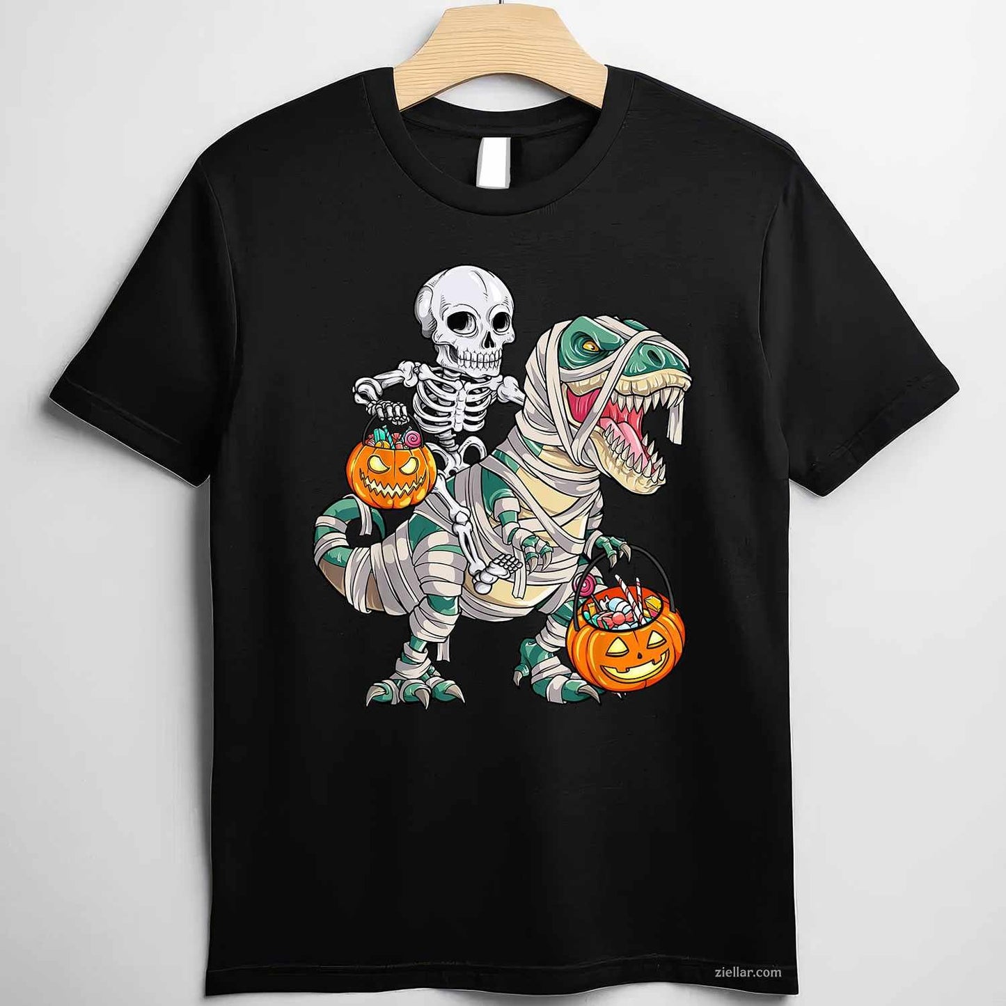 Skeleton Riding Mummy Dinosaur T rex Halloween Funny Pumpkin Tee, Halloween T-Shirt for Men Women Adults Unisex, Trendy Graphic Apparel, Unique Gift Idea