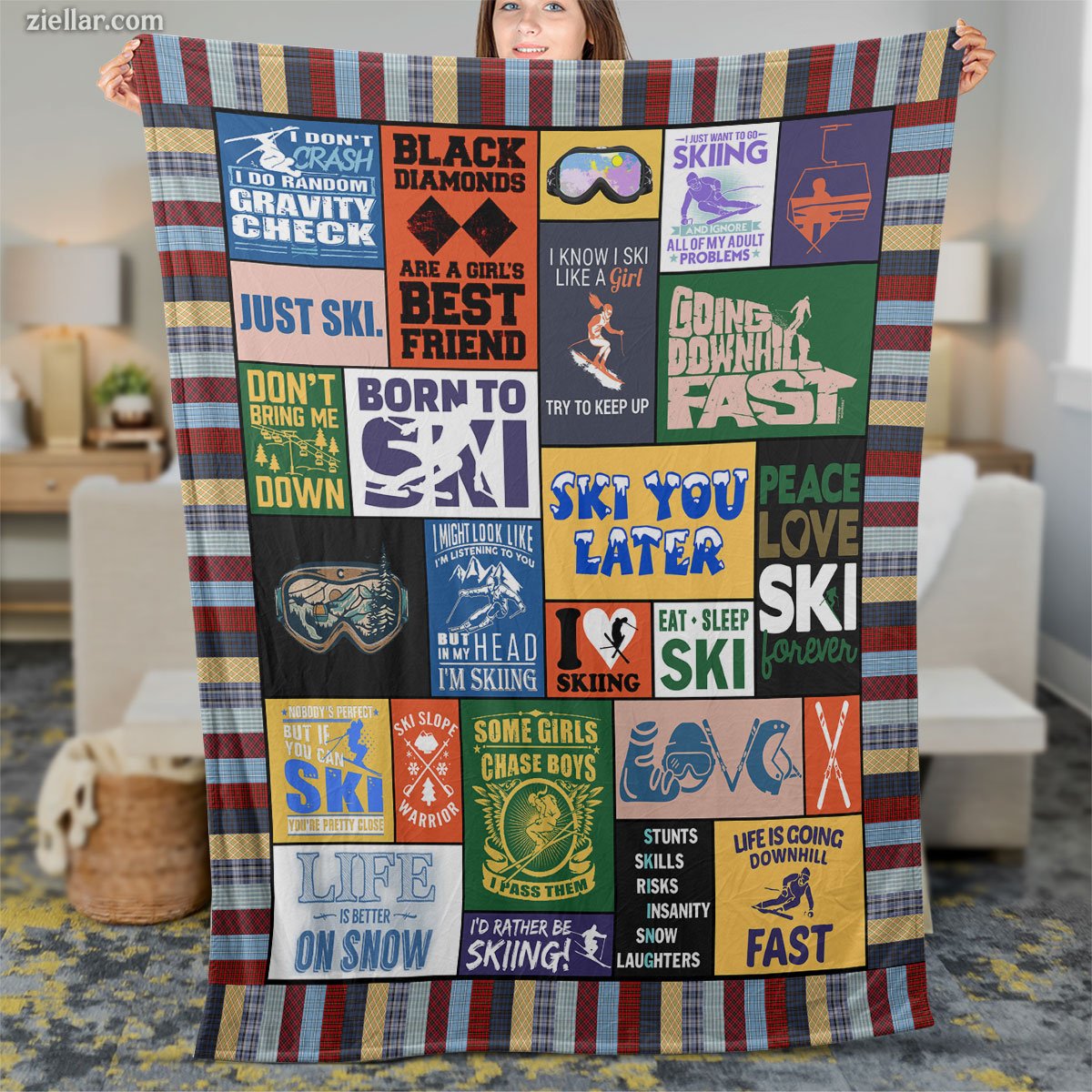 Ski Life Quilt Blanket, Fleece Blanket Funny and Bold Typography Gift for Ski Enthusiasts