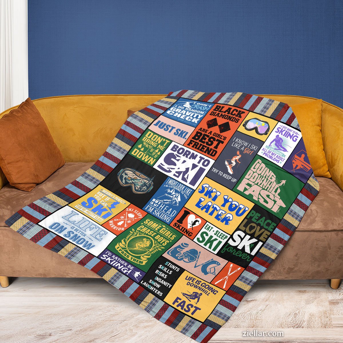 Ski Life Quilt Blanket, Fleece Blanket Funny and Bold Typography Gift for Ski Enthusiasts