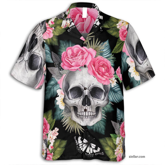Skull and Butterfly Hawaiian Shirt and Tee, Edgy Aloha Gift for Adults