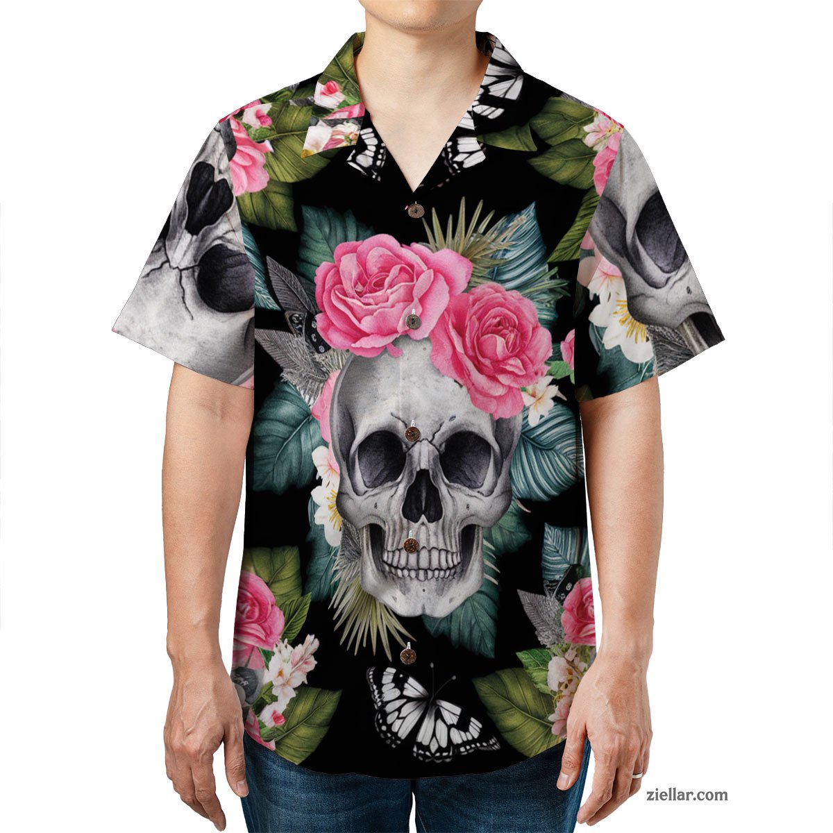 Skull and Butterfly Hawaiian Shirt and Tee, Edgy Aloha Gift for Adults