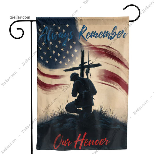 Soldier Kneeling Garden Flag with Cross USA Flag, Patriotic Military Memorial