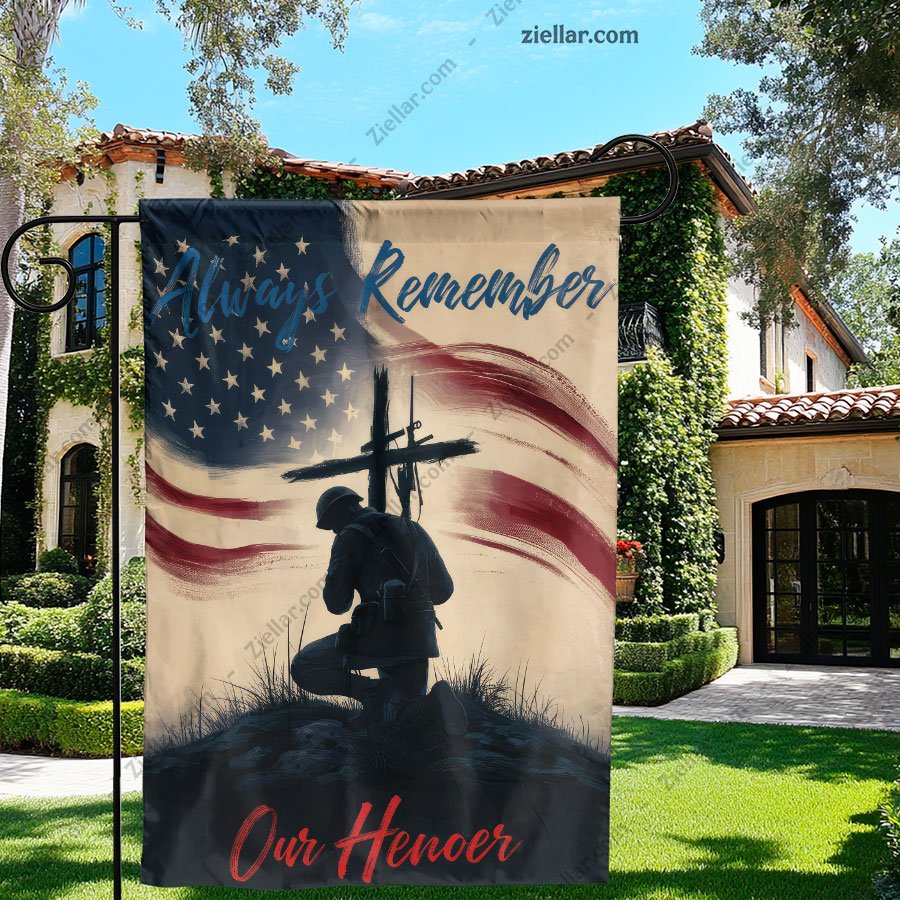 Soldier Kneeling Garden Flag with Cross USA Flag, Patriotic Military Memorial