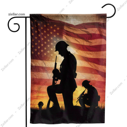 Soldier Silhouettes Over American Flag Patriotic Home Garden Outdoor Yard Banner