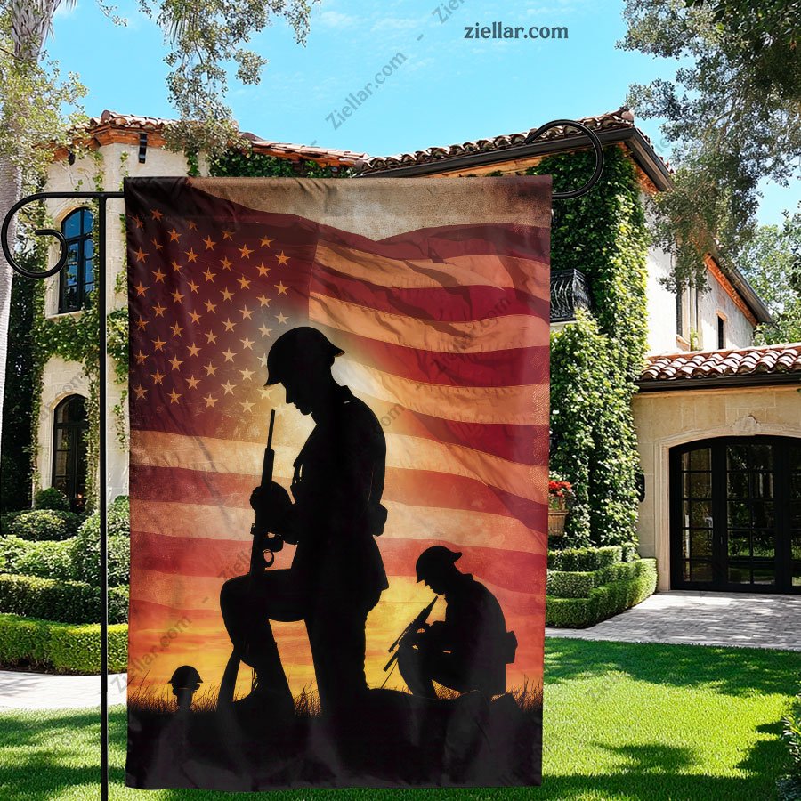 Soldier Silhouettes Over American Flag Patriotic Home Garden Outdoor Yard Banner