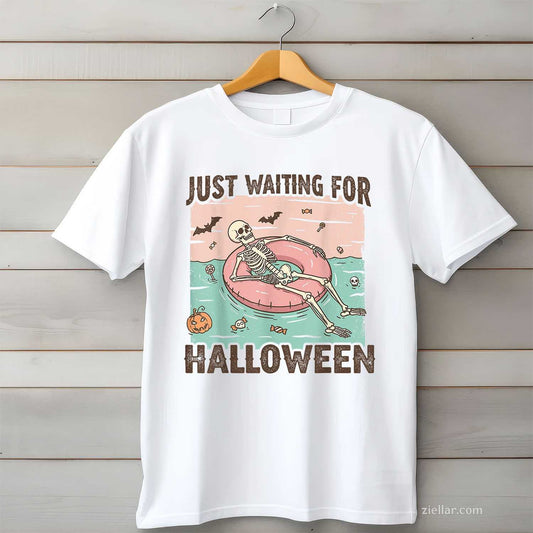 Spooky Summer Skeleton Just Waiting For Halloween Tee, Halloween T-Shirt for Men Women Adults Unisex, Trendy Graphic Apparel, Unique Gift Idea
