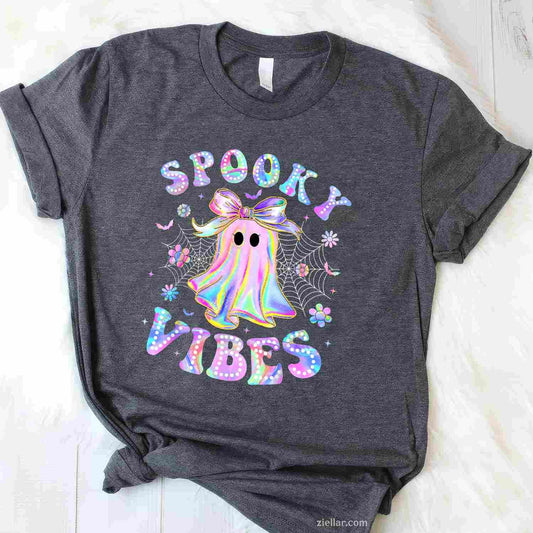 Spooky Vibes Ghost Retro Halloween Boo Boo Crew Tee, Halloween T-Shirt for Men Women Adults Unisex, Bold Statement Graphic, Party Outfit Favorite