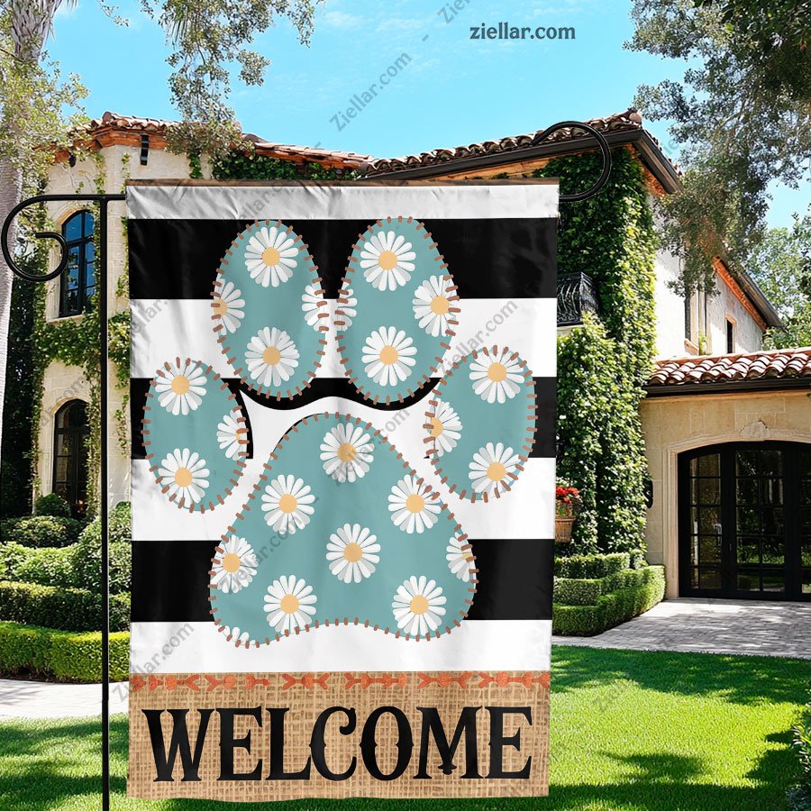 Spring Dog Paw Print Garden Flag 12x18 Inch Double Sided, Daisy Yard Decor
