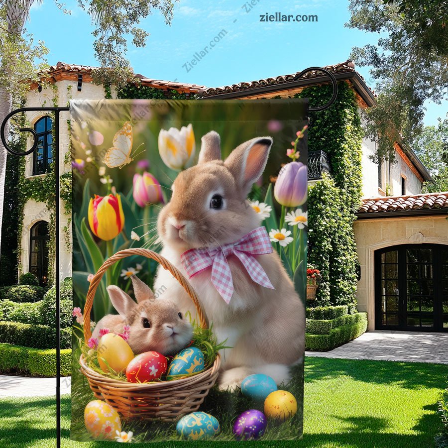 Spring Easter Bunny with Basket Full of Eggs and Beautiful Flowers Decor