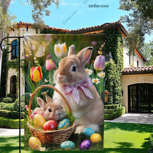 Spring Easter Bunny with Basket Full of Eggs and Beautiful Flowers Decor