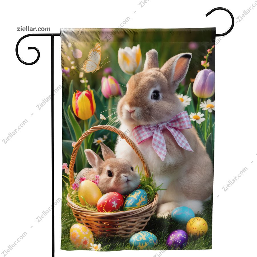 Spring Easter Bunny with Basket Full of Eggs and Beautiful Flowers Decor