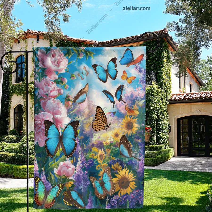Spring Garden Flag 12x18 Inch Double Sided, Floral Butterflies Yard Decor