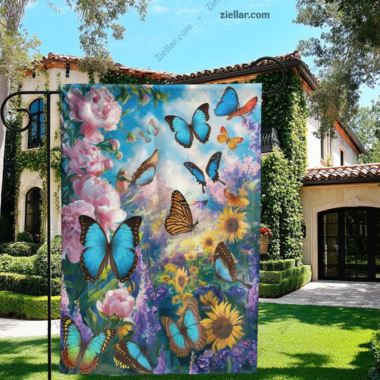Spring Garden Flag 12x18 Inch Double Sided, Floral Butterflies Yard Decor