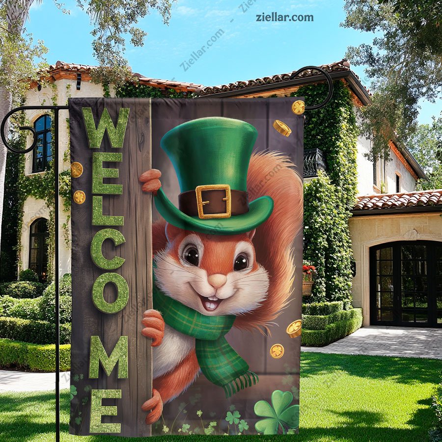 Spring St Patricks Day Flag, Burlap Squirrel Shamrocks Gold Coin Yard Sign