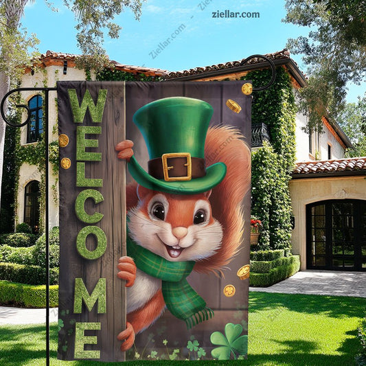 Spring St Patricks Day Flag, Burlap Squirrel Shamrocks Gold Coin Yard Sign