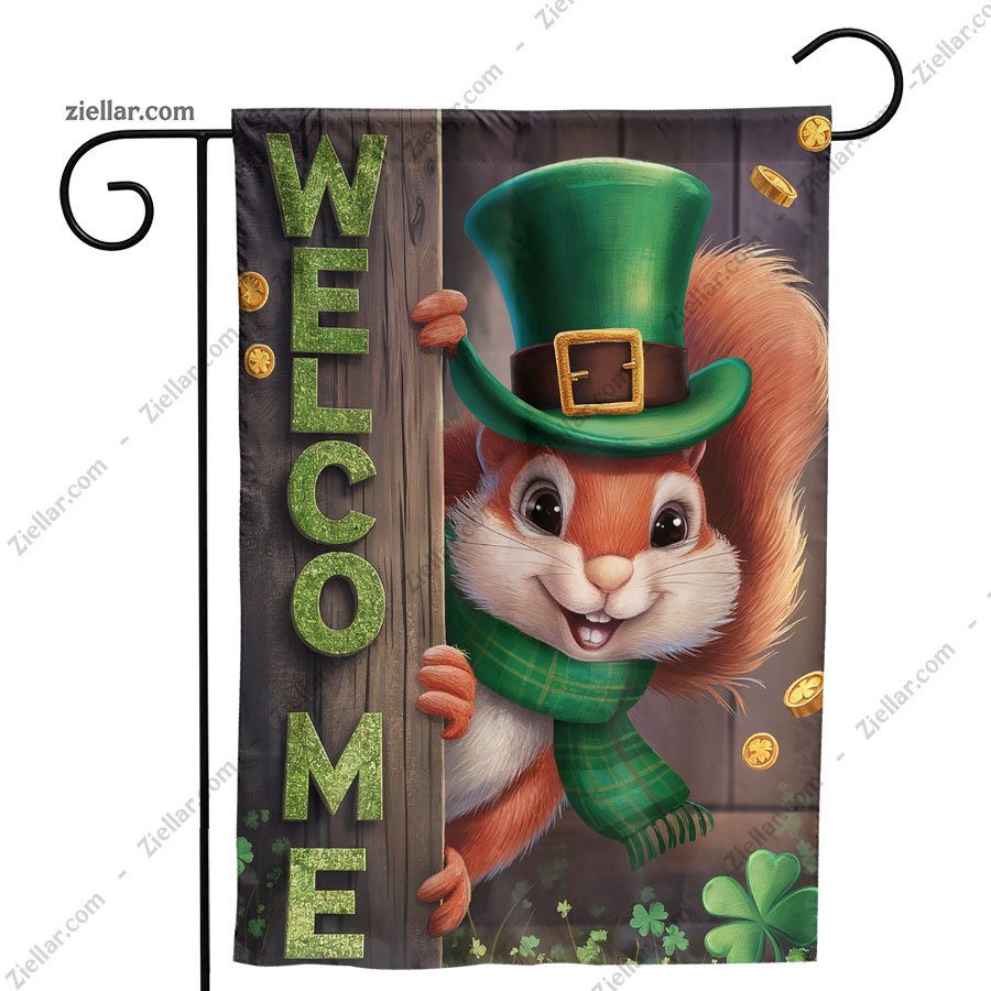 Spring St Patricks Day Flag, Burlap Squirrel Shamrocks Gold Coin Yard Sign
