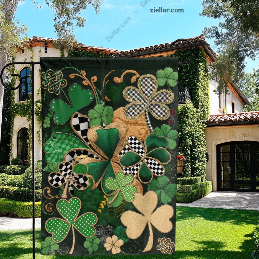 St. Patrick’s Day Garden Flag with Celtic Plaid Shamrock _ Irish Yard Banner