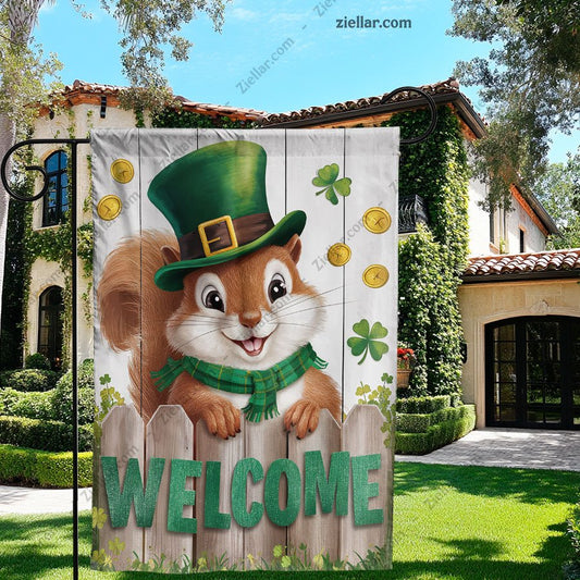 St Patricks Day Garden Flag Double Sided, Lucky Squirrel Shamrock Yard Decor
